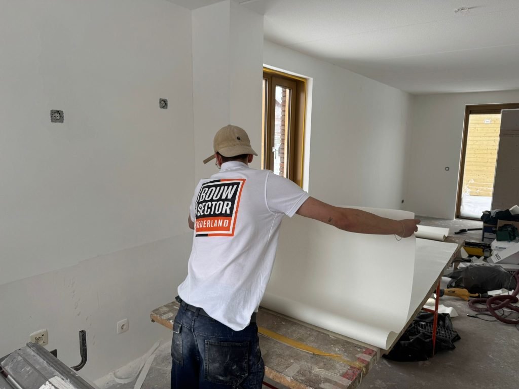 Behanger van Bouwsector Nederland rolt een baan behang uit op de tafel in een kale nieuwbouwwoning