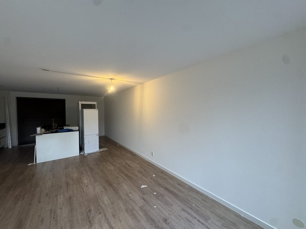 Lange woonkamer met gladde witte wanden, een laminaatvloer en een keukenblok achterin